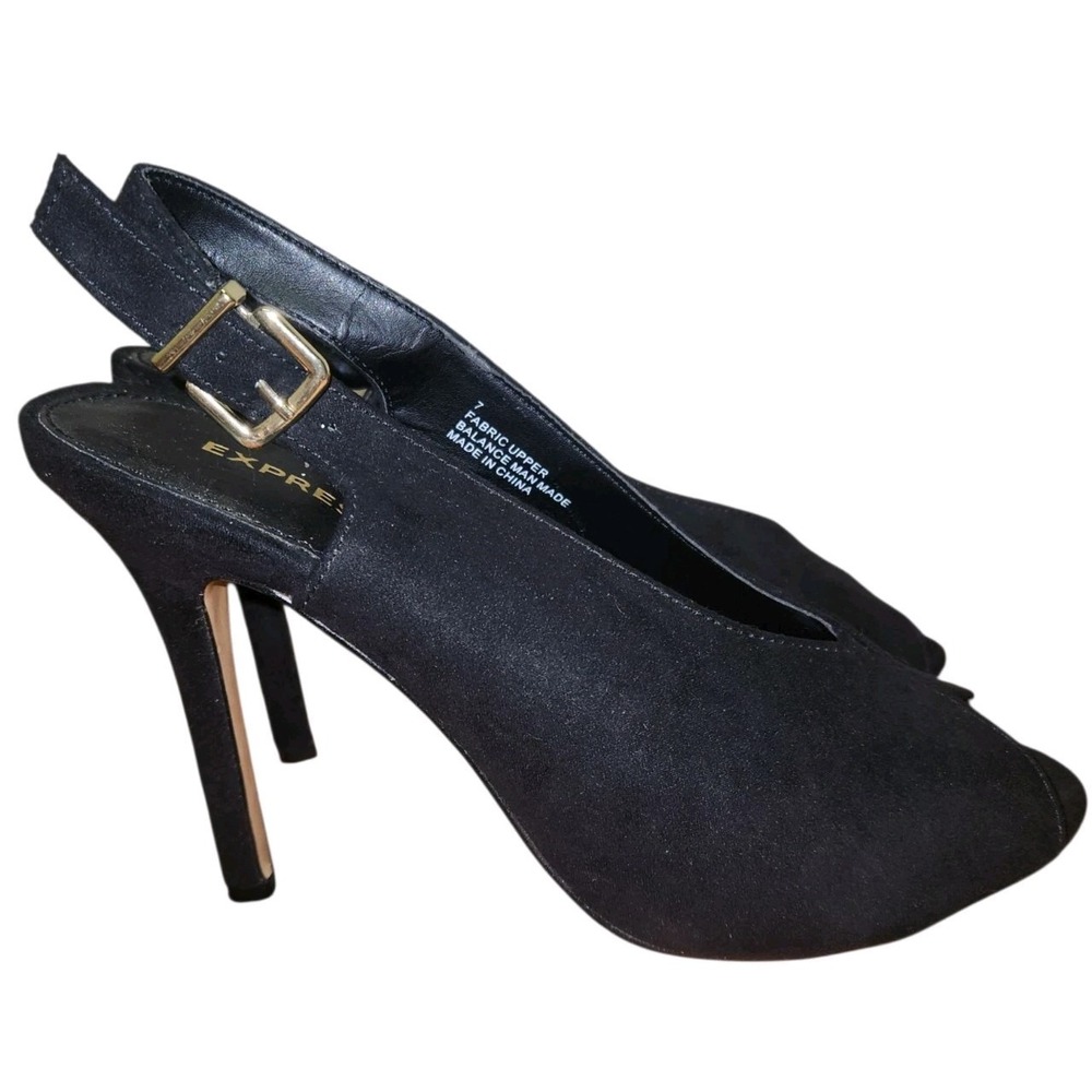 EXPRESS Peep Toe Heels Women's Size 7 Black Suede Adjustable Strap